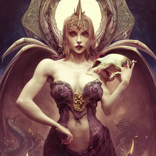 Image similar to a beautiful illustration of a satanic witch with horns in head holding a dragon, intricate, sharp focus, illustration, highly detailed, digital painting, concept art, matte, art by wlop and artgerm and greg rutkowski and alphonse mucha, masterpiece