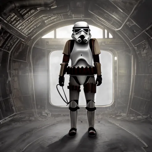 Prompt: Steampunk stormtrooper standing on a derelict spaceship, high detail, 8k,