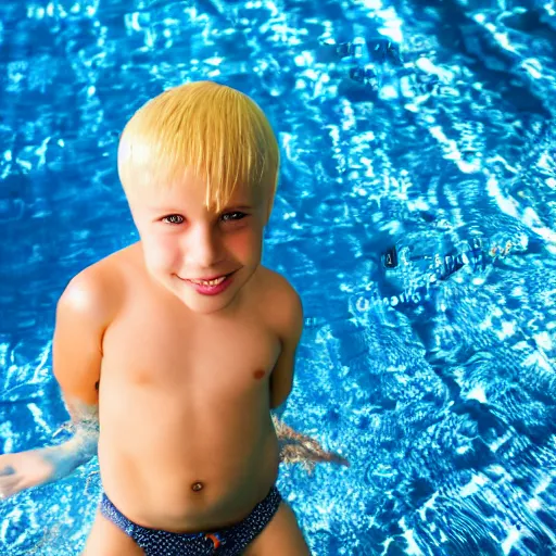 Prompt: blond boy in shorts at a swimming pool. photo.