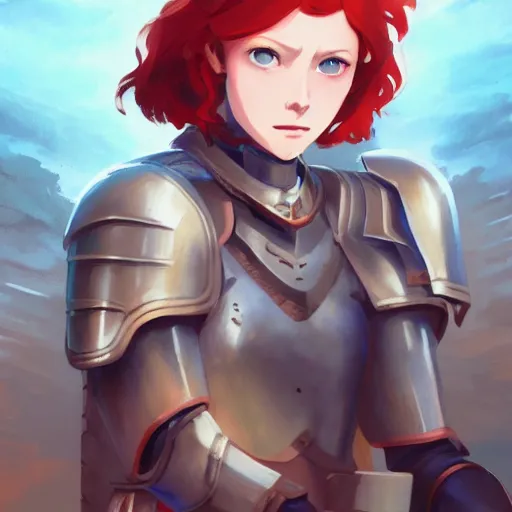 Prompt: portrait of a young redheaded woman with blue eyes and wearing armor, fighting shadowy bug demons, medieval background, highly detailed, digital painting, artstation, matte, by makoto shinkai, animation style, studio ghibli, anime key visual