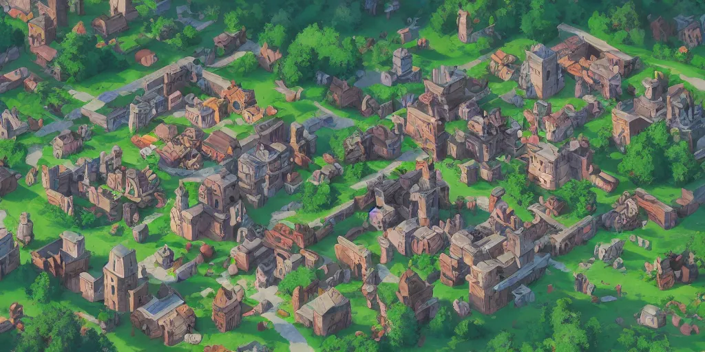 Image similar to rpg isometric top view of a lovely anime medieval fantasy village!! jrpg!! cory loftis, james gilleard, atey ghailan, makoto shinkai, goro fujita, studio ghibli, rim light, exquisite lighting, clear focus, very coherent, plain background, soft painting