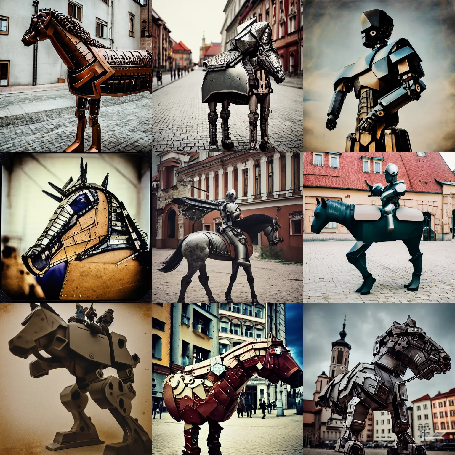 Prompt: legnica. medium shot close up. armored cyborg horse!!, in legnica, full body, cinematic focus, polaroid photo, vintage, neutral dull colors, soft lights, by oleg oprisco, by thomas peschak, by discovery channel, by victor enrich, by gregory crewdson