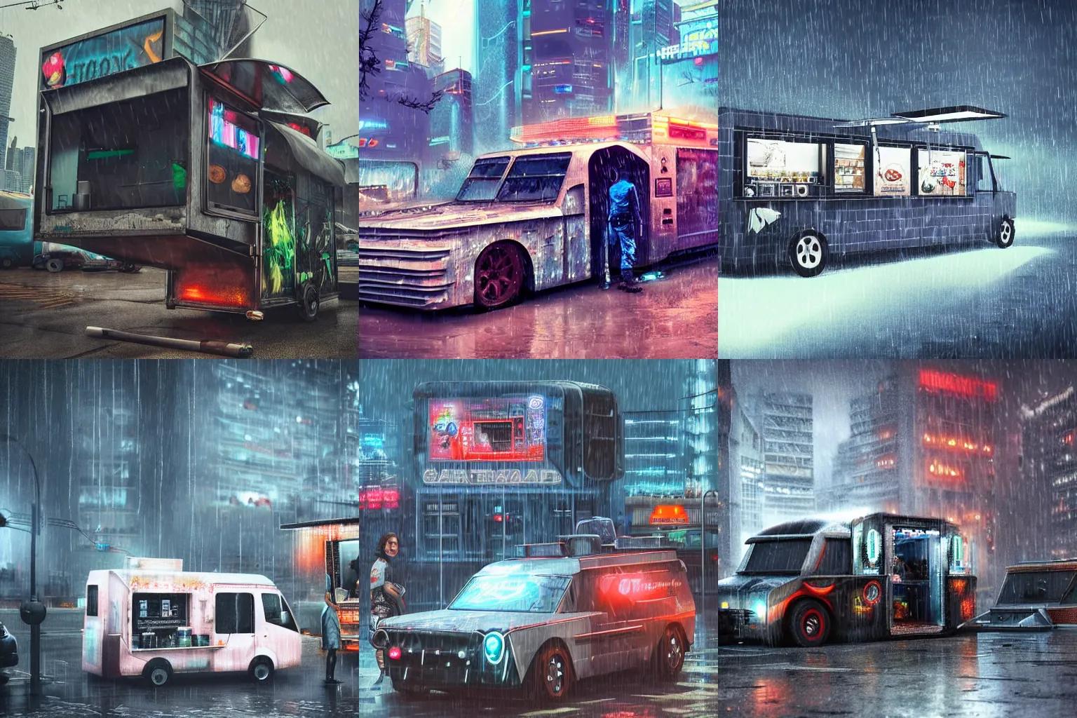 Prompt: a cyberpunk food truck in the rain, selling futuristic food, digital art, mad max