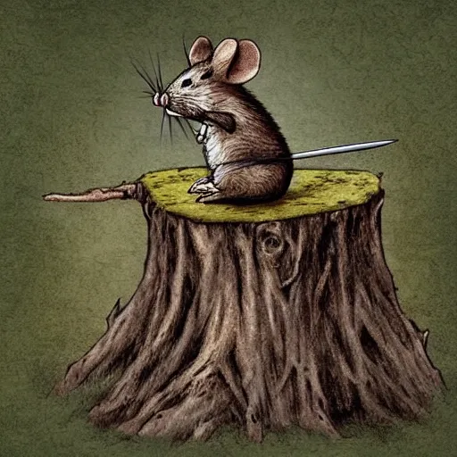 Prompt: Mouse Guard sits on a stump, deep forest, holding a sword, by rivuletpaper, rivuletpaper art, Mouse Guard by David Petersen, mouse photo, small details, realistic illustration,