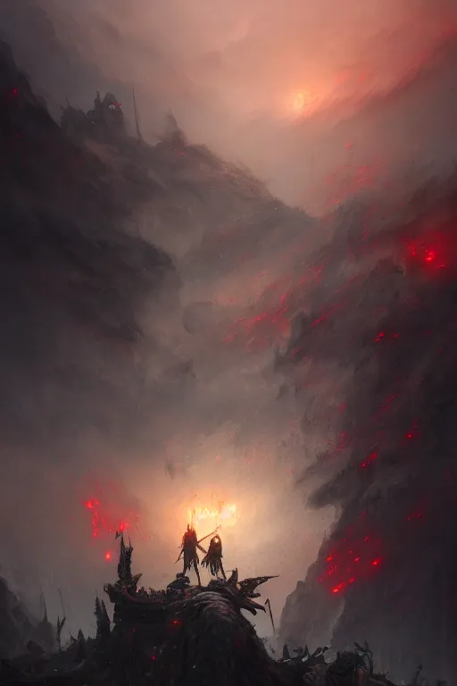 Image similar to the last warrior standing on the top of pile of skulls and dead bodies, it's raining blood from the sky, extremely detailed digital painting, in the style of fenghua zhong and ruan jia and jeremy lipking and peter mohrbacher, mystical colors, rim light, beautiful lighting, 8 k, stunning scene, raytracing, octane, trending on artstation