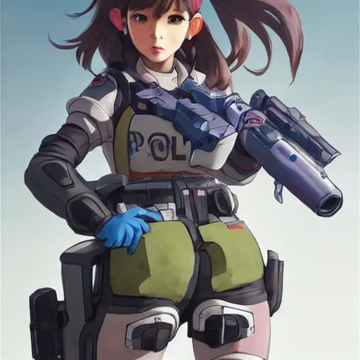 Image similar to D.VA from Overwatch wearing a police uniform by Kim Jung Gi, holding handcuffs in one hand Blizzard Concept Art Studio Ghibli. oil paint. 4k. by brom, Pixiv cute anime girl wearing police gear by Ross Tran, Greg Rutkowski--cfg_scale 12