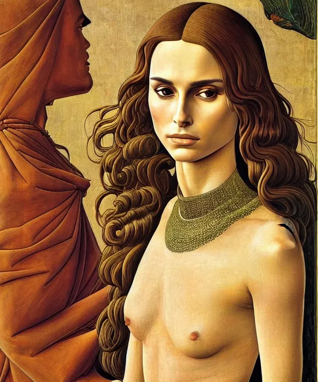 Image similar to Nathalie portman portrait by Sandro Botticelli and Moebius, 3/4 view, amber eyes, beautiful face, appealing long hair, fantasy, intricate, elegant, highly detailed, smooth, sharp focus, oil painted illustration by Sandro Botticelli and Moebius