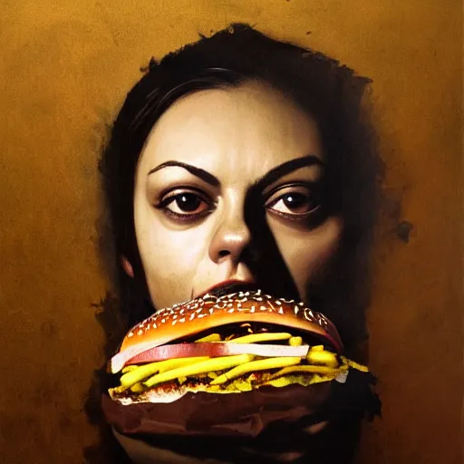 Prompt: terrifying portrait of Mila Kunis emerging from the dark void eating burger, face partially melting, figure in the darkness of renaissance, serving big macs, covered in ketchup,Francisco Goya, painted by John Singer Sargant, Adrian Ghenie, style of Francis Bacon, highly detailed, 8k, trending on artstation