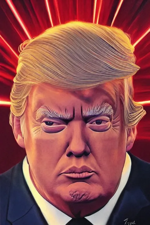 Prompt: fancy serene portrait of donald trump with laser eyes by alex ross
