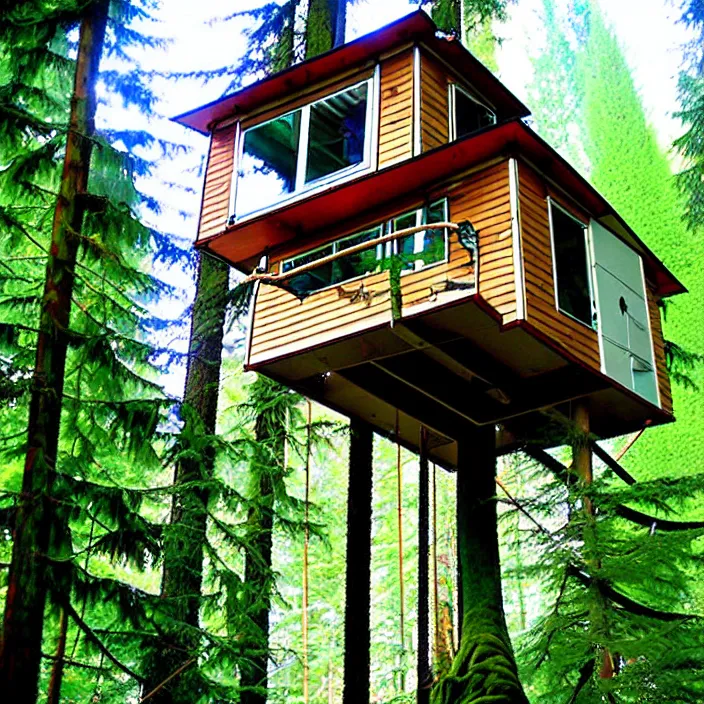 Prompt: mobile home tree house at vanvcouver,british columbia,canada