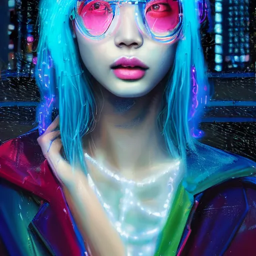 Image similar to a digital painting of park soo joo in the rain with blue hair, cute - fine - face, pretty face, cyberpunk art by sim sa - jeong, cgsociety, synchromism, detailed painting, glowing neon, digital illustration, perfect face, extremely fine details, realistic shaded lighting, dynamic colorful background