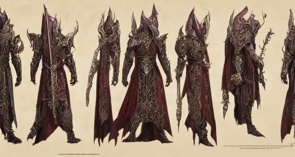 Prompt: A full color character sheet with front, back and side views of an evil Sorcerer n Highly detailed intricate ornamental robes with glowing runes holding an ornate intricate magical staff, video game concept art by Wizards of the Coast, Magic The Gathering, Blizzard, Games Workshop, Greg Rutkowski, Craig Mullins, WETA, Elder Scrolls.