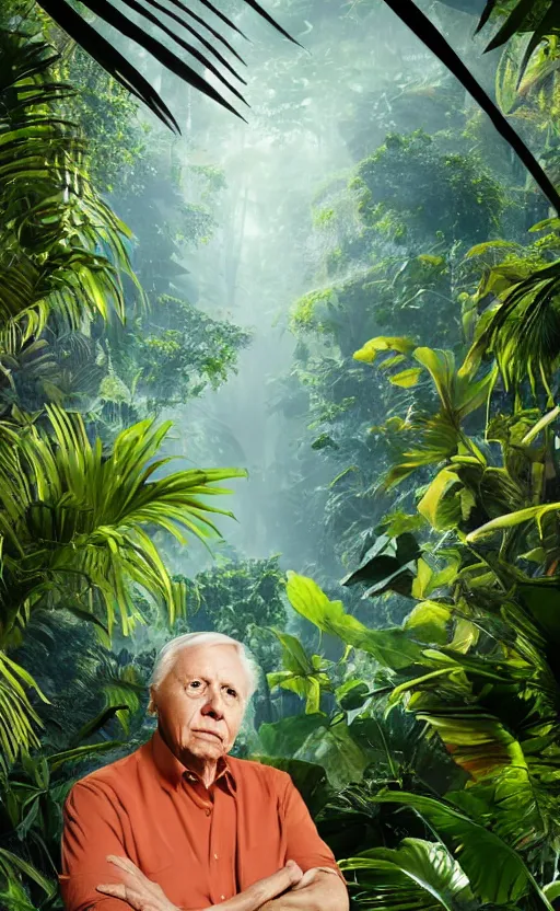 Image similar to Portrait of Sir David Attenborough with a lush tropical jungle in the background, splash art, movie still, cinematic lighting, dramatic, octane render, long lens, shallow depth of field, bokeh, anamorphic lens flare, 8k, hyper detailed, 35mm film grain