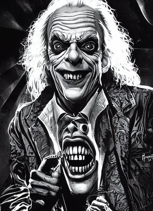 Image similar to christopher lloyd as the joker, big smile, grotesque, horror, high details, intricate details, by vincent di fate, artgerm julie bell beeple, 1 9 8 0 s, inking, vintage 8 0 s print, screen print