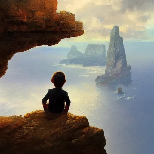 Image similar to A little boy sitting on a cliff staring at the horizon, Graceful body structure,cute,Symmetrical face,highly detailed,elegant,Marc Simonetti and Caspar David Friedrich, Trending on artstation