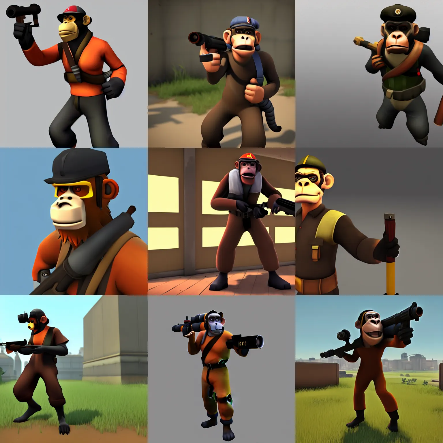 Prompt: a monkey as the team fortress 2 scout, model, rendered in sfm, tf 2 sniper