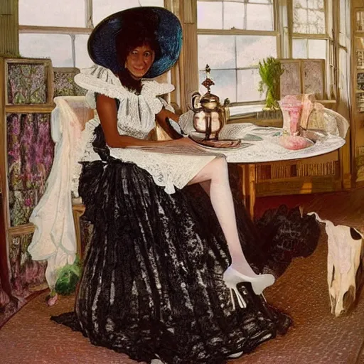 Image similar to fantasy, glow, shimmer, beautiful black victorian woman in a long white frilly lace dress and a large white hat, cow hoof feet, having tea in a sunroom