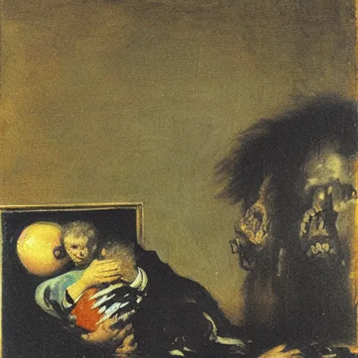 Image similar to elmo in the painting saturn devouring his son by goya, painting