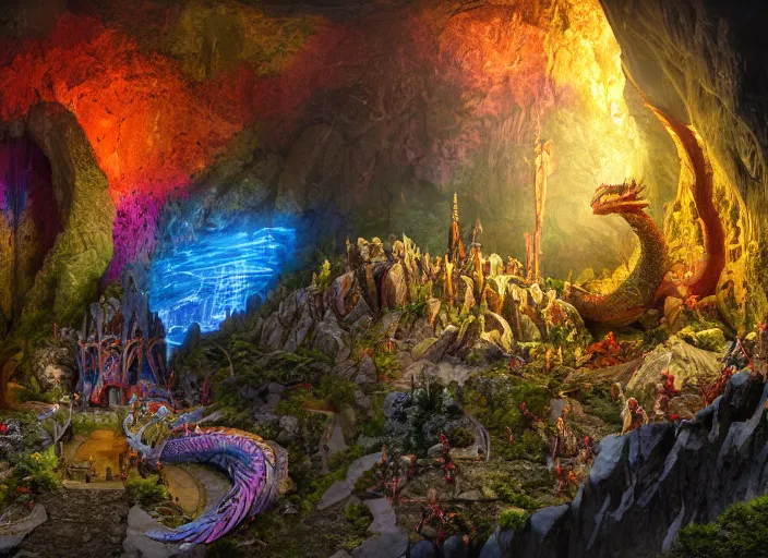 Prompt: colorful and vibrant and provenance detailed octane render of a dragon cave and diorama of moria, balrog, gandalf, skyrim, detailed, by joop geesink, wes anderson, jim henson, brian froud, breathtaking, 8 k resolution, beautiful lighting, studio light, extremely detailed, establishing shot, realistic materials, hyperrealistic
