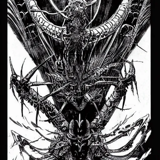 Prompt: an epic demonic alien dragon demigod descending from the cosmos to consume the earth, philippe druillet art