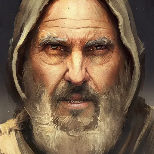 Prompt: portrait of a man by Greg Rutkowski, an old Jedi, arabian features, and olive skin, long black hair and beard, wise appearance, orange robes, Star Wars Expanded Universe, he is about 60 years old, highly detailed portrait, digital painting, artstation, concept art, smooth, sharp foccus ilustration, Artstation HQ