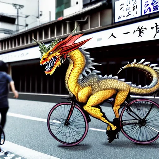 Image similar to a digital painting of a real dragon is riding a bike in the streets of Tokyo