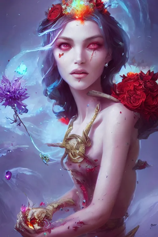 Image similar to beautiful girl necromancer covered with blood exploding crystals, 3 d render, hyper realistic detailed portrait, holding magic flowers, scifi, fantasy, hyper detailed, octane render, concept art, peter mohrbacher, artgerm, ruan jia, wlop