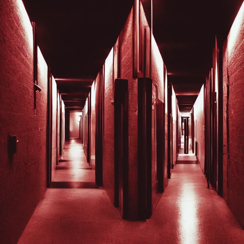 Image similar to spooky photo of a dark infinite hallway with open lit doorways all the way down, dramatic lighting, smoke, ceiling fluorescent lighting, black and red colour palette