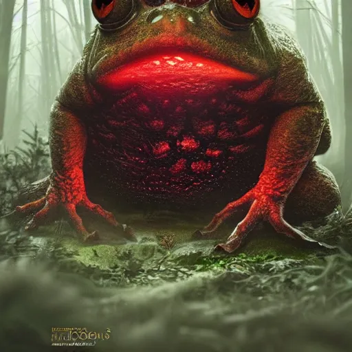 Prompt: giant evil monsterous toad in the dark forest, glowing red eyes, toads, foggy, atmospheric, highly detailed, hyperrealistic, gothic horror, trending on artstation, digital art, dark fantasy