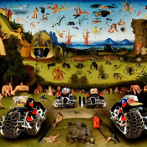 Prompt: all terrain vehicle race, in the style of the garden of earthly delights painting by jerome bosch