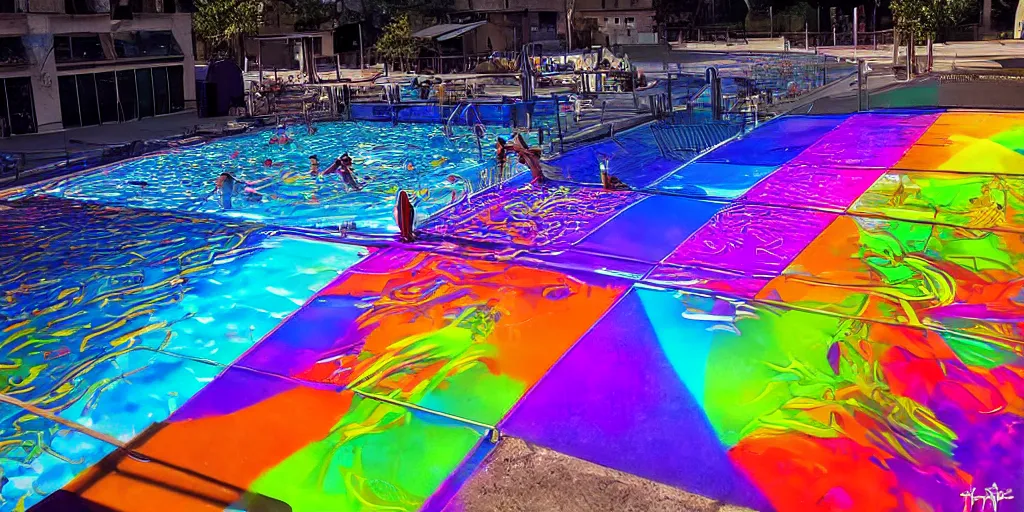 Image similar to backflip into a pool caustics lighting impressive colorful masterpiece graffiti