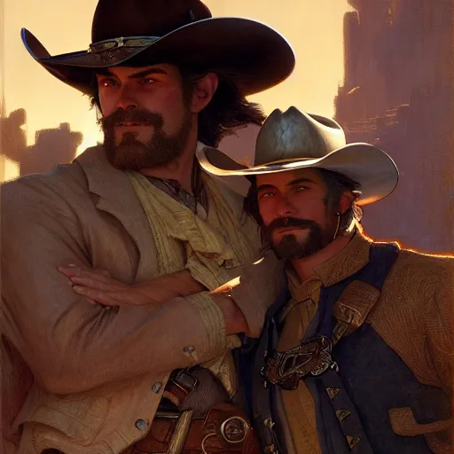 Image similar to attractive gunslinger and his handsome cowboy swordsman, they are in love, natural lighting, path traced, highly detailed, high quality, digital painting, by gaston bussiere, craig mullins, alphonse mucha, j. c. leyendecker