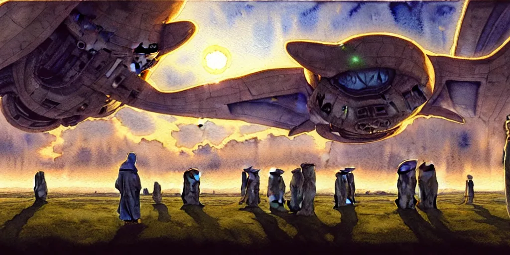 Image similar to a hyperrealist watercolor concept art of a giant alien ship from independence day on the horizon of stonehenge. a medieval monk in grey robes is in the foreground. golden hour. very muted colors, by rebecca guay, michael kaluta, charles vess. high detail, hq, wide shot, 4 k