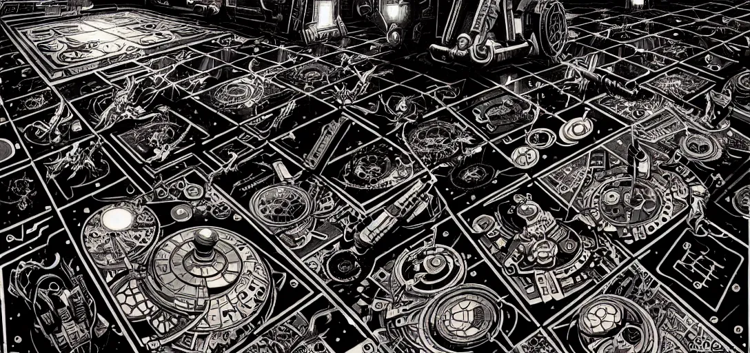 Image similar to cyberpunk steampunk tiled floor, 1 - point perspective, high details, bold line art, by vincent di fate and joe fenton, inking, screen print, masterpiece, trending on artstation, sharp, high contrast, hyper - detailed,, hd, 4 k, 8 k