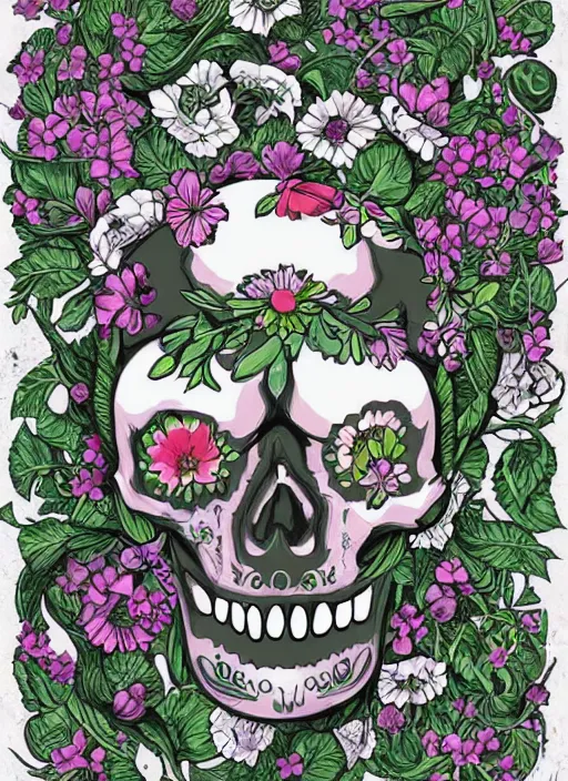Prompt: a skull surrounded by flowers, digital art, trending on artstation, ornate