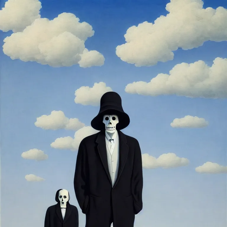 Prompt: portrait of a faceless grim reaper in a suit, clouds in the background, by rene magritte, detailed painting, distance, middle centered, hd, hq, high resolution, high detail, 4 k, 8 k