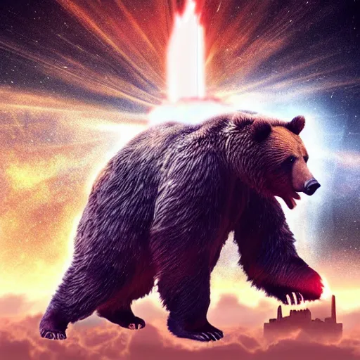 Prompt: a giant angry bear releasing laser by the hands attacking the city, photomanipulation, photoshop, digital art