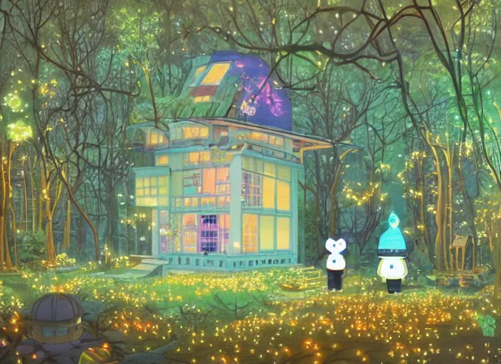 Prompt: house in a clearing in the middle of the forest, beautifully lit, steampunk, by chiho aoshima