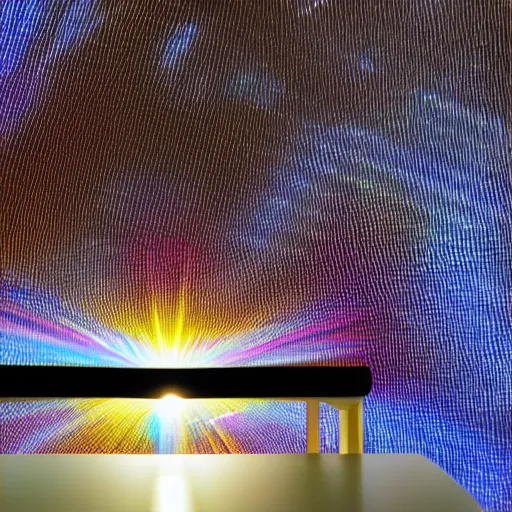 Prompt: photo of a beam of light shining through a prism sitting on a table, shining through the other side, with ray showing on the table, intricate details, extremely high quality, moody lighting, real camera, real caustics, real photo, 8 k, full subject in shot