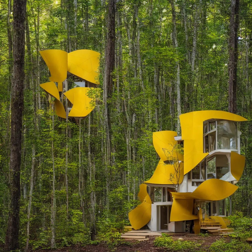 Image similar to a tiny tiny house in a light forest, designed by Frank Gehry. Tiles. Film grain, cinematic, yellow hue