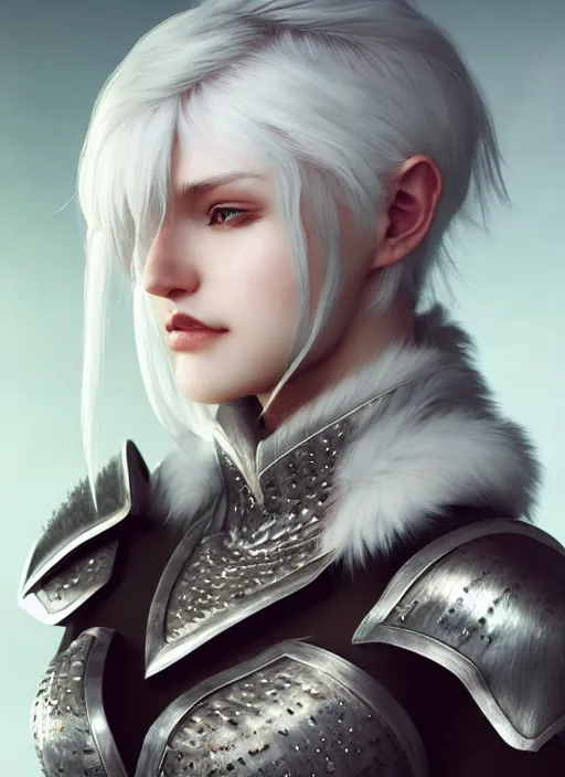 Image similar to warrior, fur leather armor!!! beautiful and elegant white hair female!! gorgeous ayes!! character concept art, sharp focus, octane render! unreal engine 5! highly rendered!! trending on artstation!! detailed linework!! illustration by artgerm, wlop, and chie yoshii