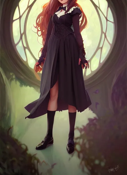 Image similar to portrait adult female witch student, magic university school dress, bangs hairstyle, illustration, highly detailed, digital painting, concept art, matte, art by wlop and artgerm and greg rutkowski and alphonse mucha