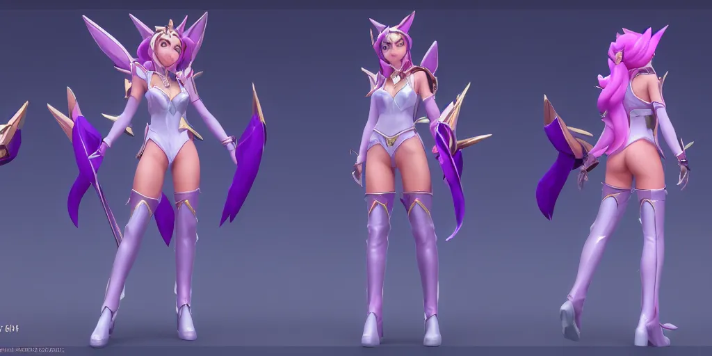Image similar to character sheet of Star Guardian Caitlyn (League of legends). 3d render, trending on artstation, unreal engine 5, 8k resolution