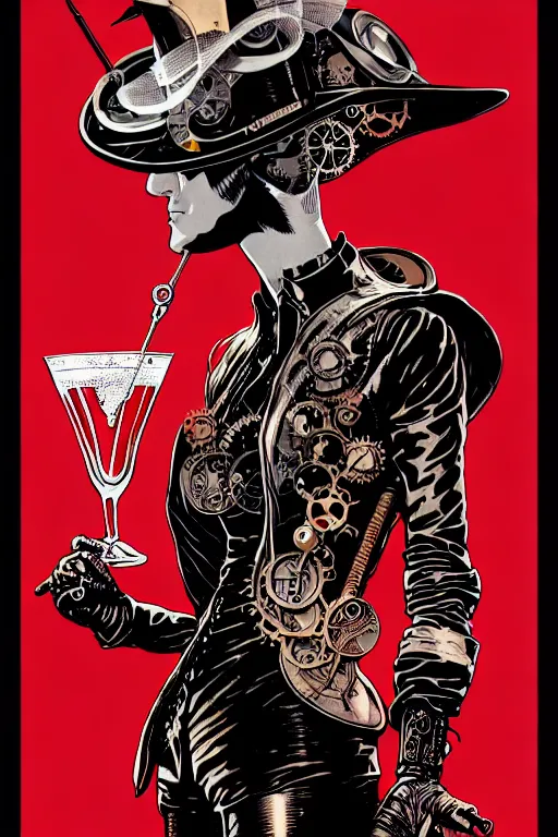 Image similar to side view of a majestic steampunk alchemist wizard holding a martini, high details, bold line art, by vincent di fate and joe fenton, inking, etching, screen print, masterpiece, trending on artstation, sharp, high contrast, hyper - detailed,, hd, 4 k, 8 k