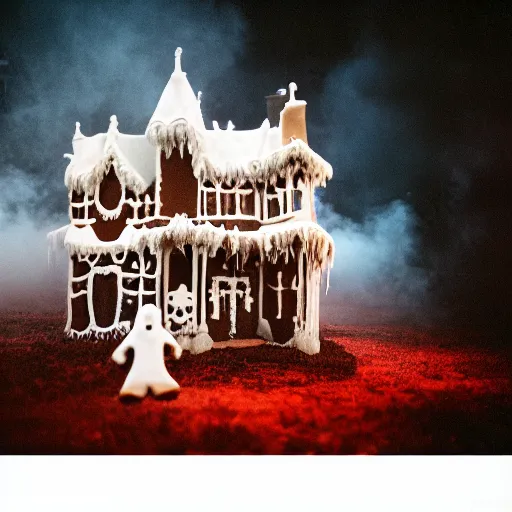 Image similar to cinematic photo of ghosts living inside of a haunted gingerbread house, spooky, fog, 3 5 mm film