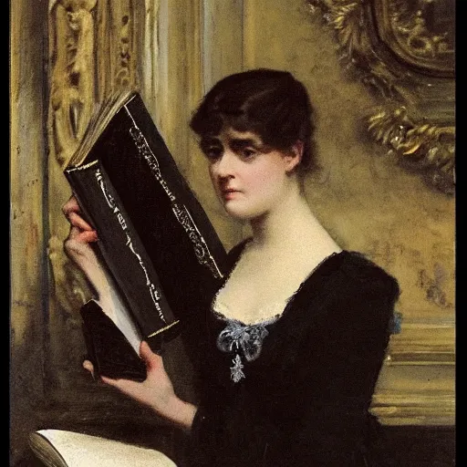 Image similar to young victorian lady in ball gown, absent - minded, holding a book, high hand detail!, painted by alfred stevens