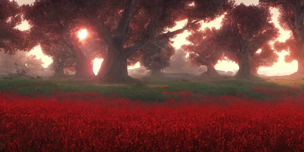 Image similar to a big red tree in the middle of a battlefield near a bunch of red flowers at sunrise, hyperrealistic, concept art, octane render, unreal engine 5, trending on Artstation, high quality, 8K, dramatic lighting, cinematic, high coherence, highly detailed, Midjourney style, epic scene, path traced, low contrast, complementary colors