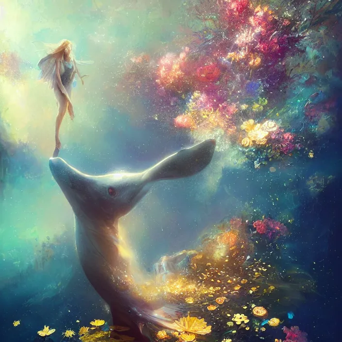 Image similar to glimmering whale, flowing dress, flowers, cosmos, milky way galaxy, golden hour, god rays, coral reef, dreamscape by artgerm and ruan jia and ismail inceoglu and greg olsen, masterpiece, beautiful, intricate, elegant, highly detailed