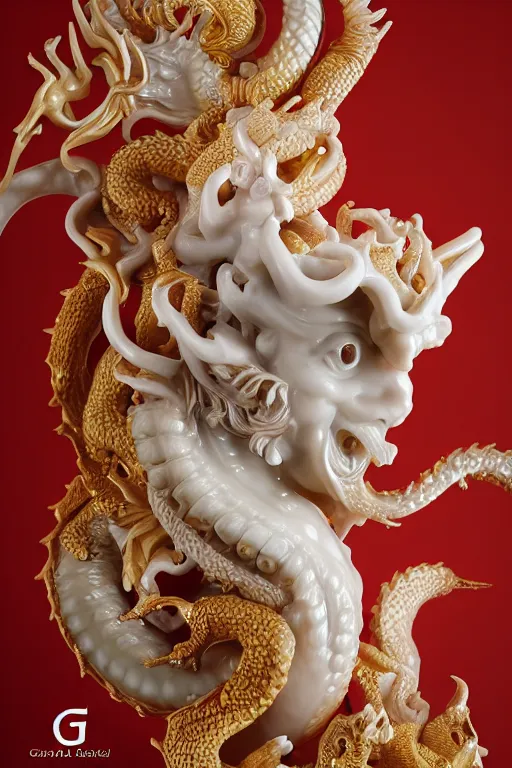 Prompt: a closeup photo, rococo alabaster and ruby real delicate ceramic porcelain sculpture of an ornate detailed dragon god in front of an intricate background by rafael, micro detail, backlit lighting, subsurface scattering, translucent, thin porcelain, fire, flames, amber, octane renderer, colorful, physically based rendering, trending on cgsociety