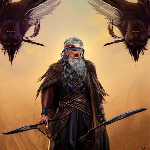 Prompt: Digital painting of Ian McKellen as Odin, wearing an brown leather eyepatch, two ravens in the background, hyperdetailed, artstation, cgsociety, 8k